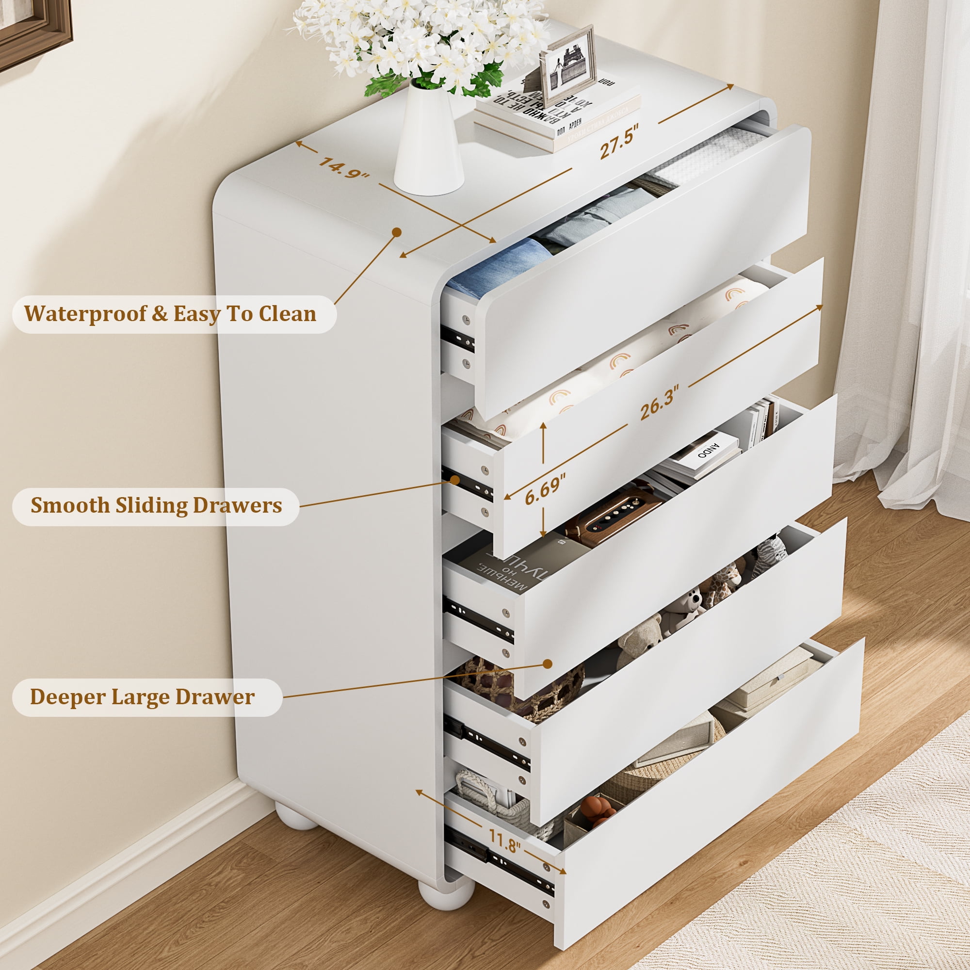 Laintene Tall Dresser 5 Drawer, Modern Wood Dresser for Bedroom, 41" Fluted Chest of Drawers with Curved Profile Design, White