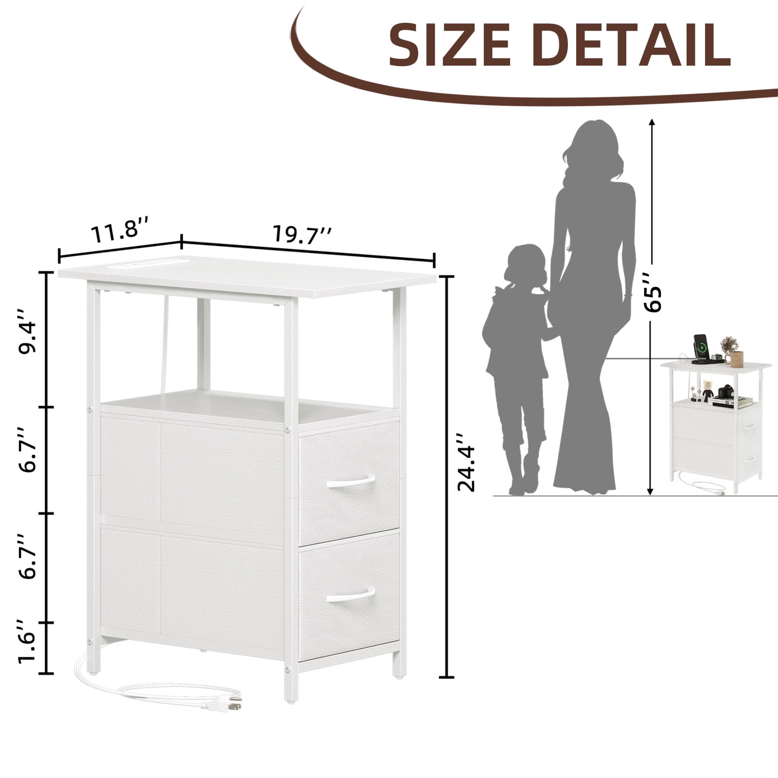 Eunos White Long End Table with Charging Station, Nightstand with Open Shelf, 2 Fabric Drawer