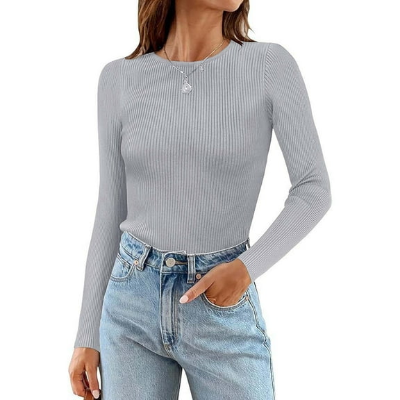 Wangmeiwg Autumn And Winter Women's Solid Color Long Sleeved Round Neck Shirt Ribbed Knitted Slim Casual Sweater Womens Long Sleeve Tee Shirt