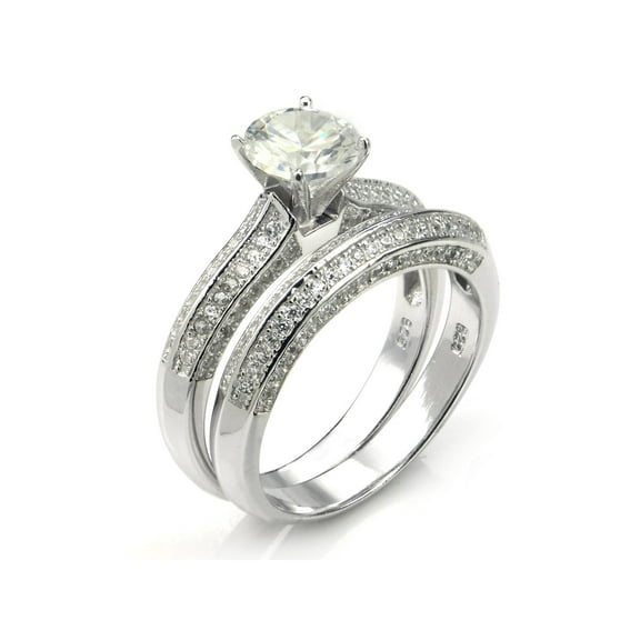 Andrea Jewelers Sterling Silver Cubic Zirconia 1.8 Carat tw Round Cut CZ Pave Wedding Engagement Ring Set, Nickel Free Sz 7