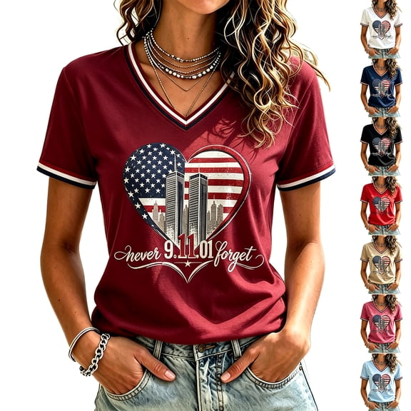 Women's 9/11 Never Forget Memorial V-Neck Short Sleeve T-Shirt American Flag Patriotic Remembrance Top Black M