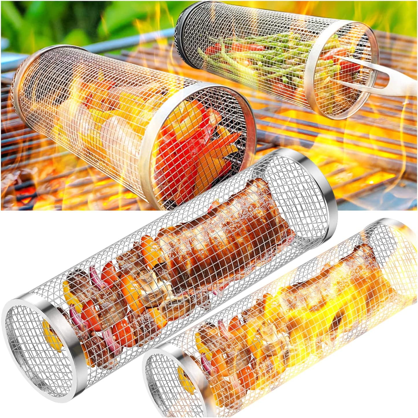 Stainless Steel Rolling Grill Basket Perfect round grill net for