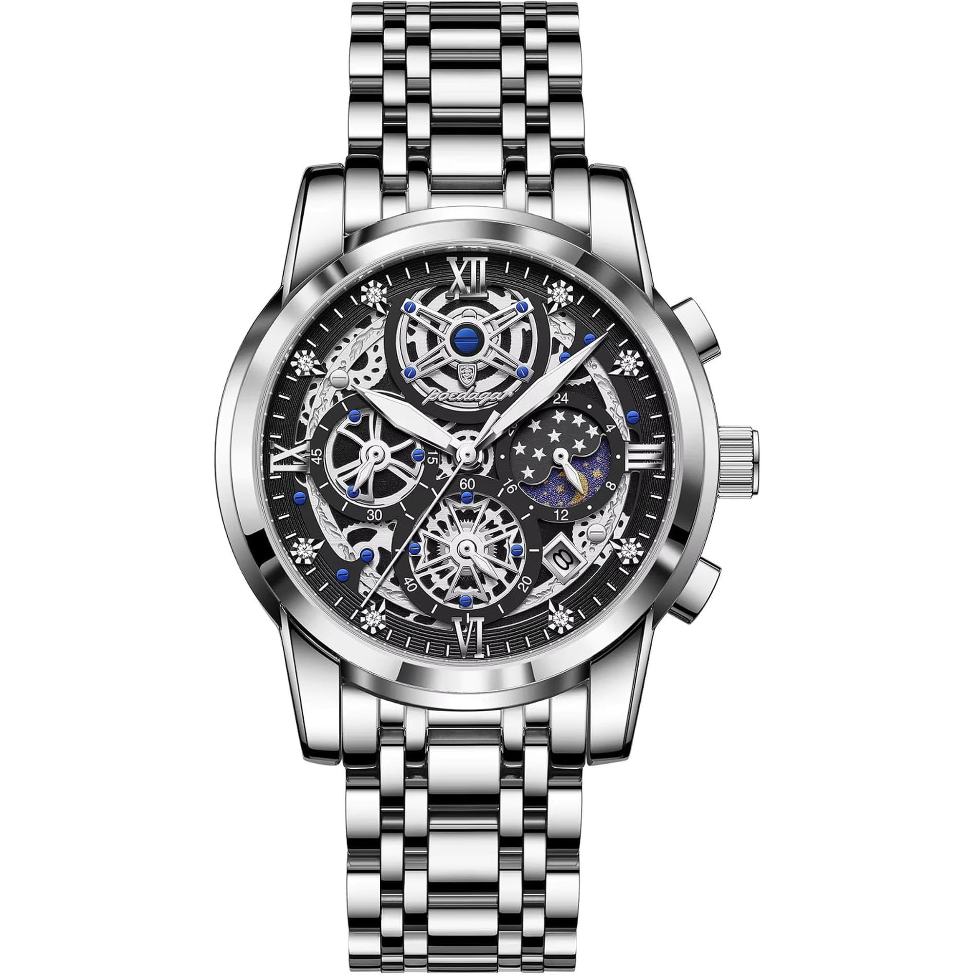 Men’s Skeleton Watch Stainless Steel Band Quartz Chronograph Waterproof Business Dress Wristwatch with Luminous Hands,Calendar & Multi-Functional Dial