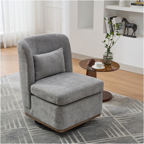 JERFIT Modern Chenille Swivel Accent Chair with Pillow, 360° Rotation Armless Lounge Chair for Living Room, Bedroom, Office, Gray