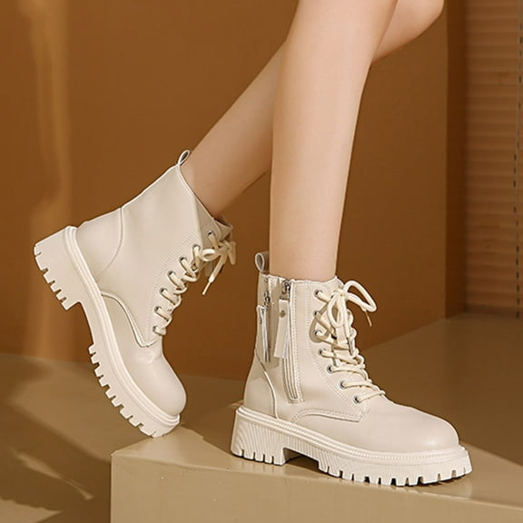 RUIYANQI Women's Lace Up Combat Boots Side Zipper Design Chunky Platform Heel Footwear Trendy Fashion Ankle Boots Fall Winter Shoes Beige Women Sandals