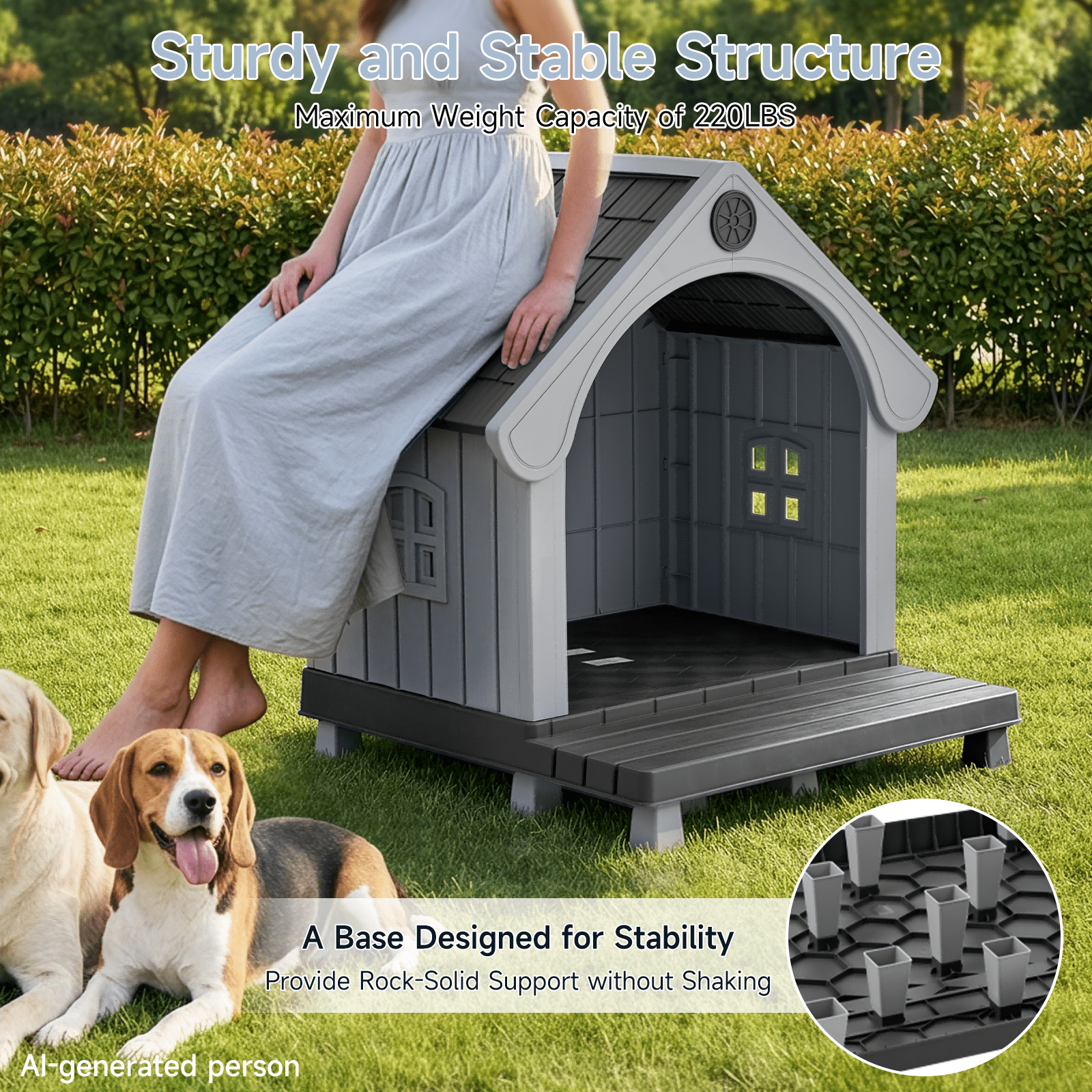 Dovov Plastic Dog House with Elevated Floor and Air Vents, Waterproof Doghouse Indoor Outdoor Dog Kennel with Porch, Large Puppy Shelter, Black Gray