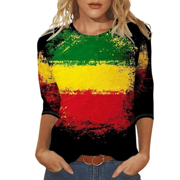 DHFJKG Womens 3/4 Sleeve Tshirts Summer Crew Neck Color Block Printed Loose Fit Casual Fashion Tunic Stylish Tops