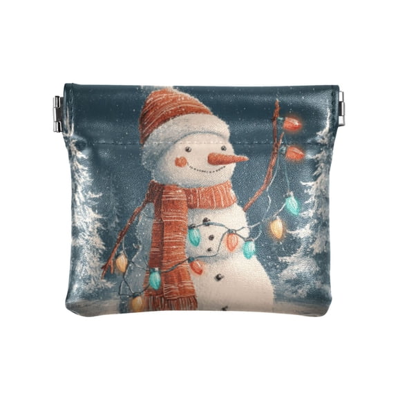 JIALIOU Leather Coin Purse Pouch No Zipper Small Snowman Surrounded by Colorful Lights Makeup Bag for Women Men Cosmetics Jewelry 4.3x3.7 inch
