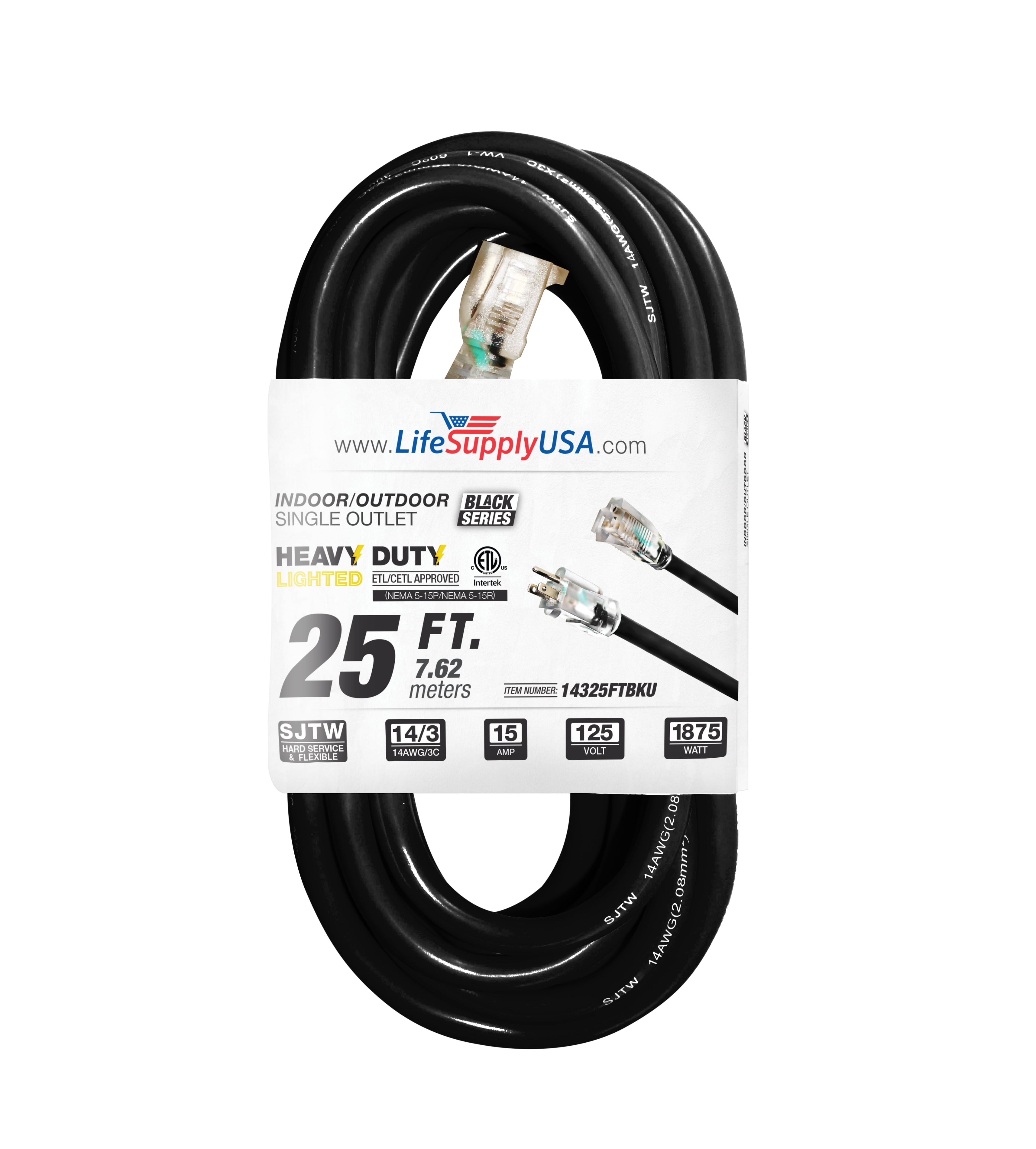 25 ft Power Extension Cord Outdoor & Indoor Heavy Duty 14 gauge/3 prong SJTW (Black) Lighted end Extra Durability 15 AMP 125 Volts 1875 Watts ETL listed by LifeSupplyUSA