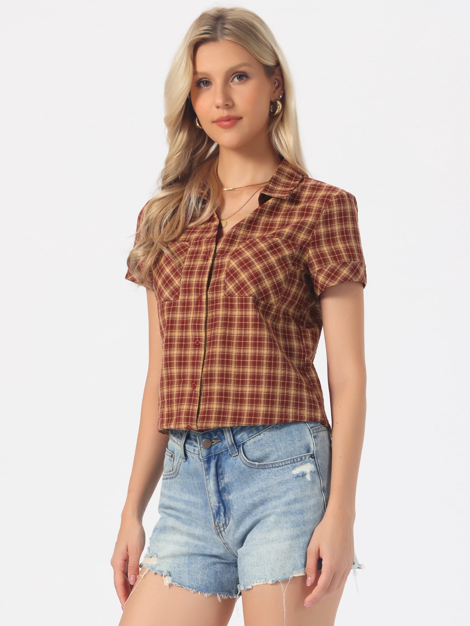 DARING DIVA Women's Plaid Shirts Cotton Short Sleeve Button Down Shirt S Deep Red 2