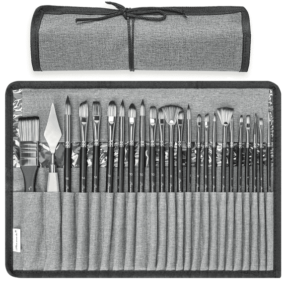 Thinway 24-Piece Wooden Handle Professional Art Brushes with Canvas Brush Case