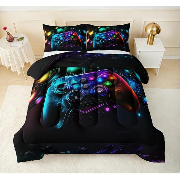 Neon Gaming Bedding Set with 2 Pillowcases, Gamepad Comforter for Teens & Adults