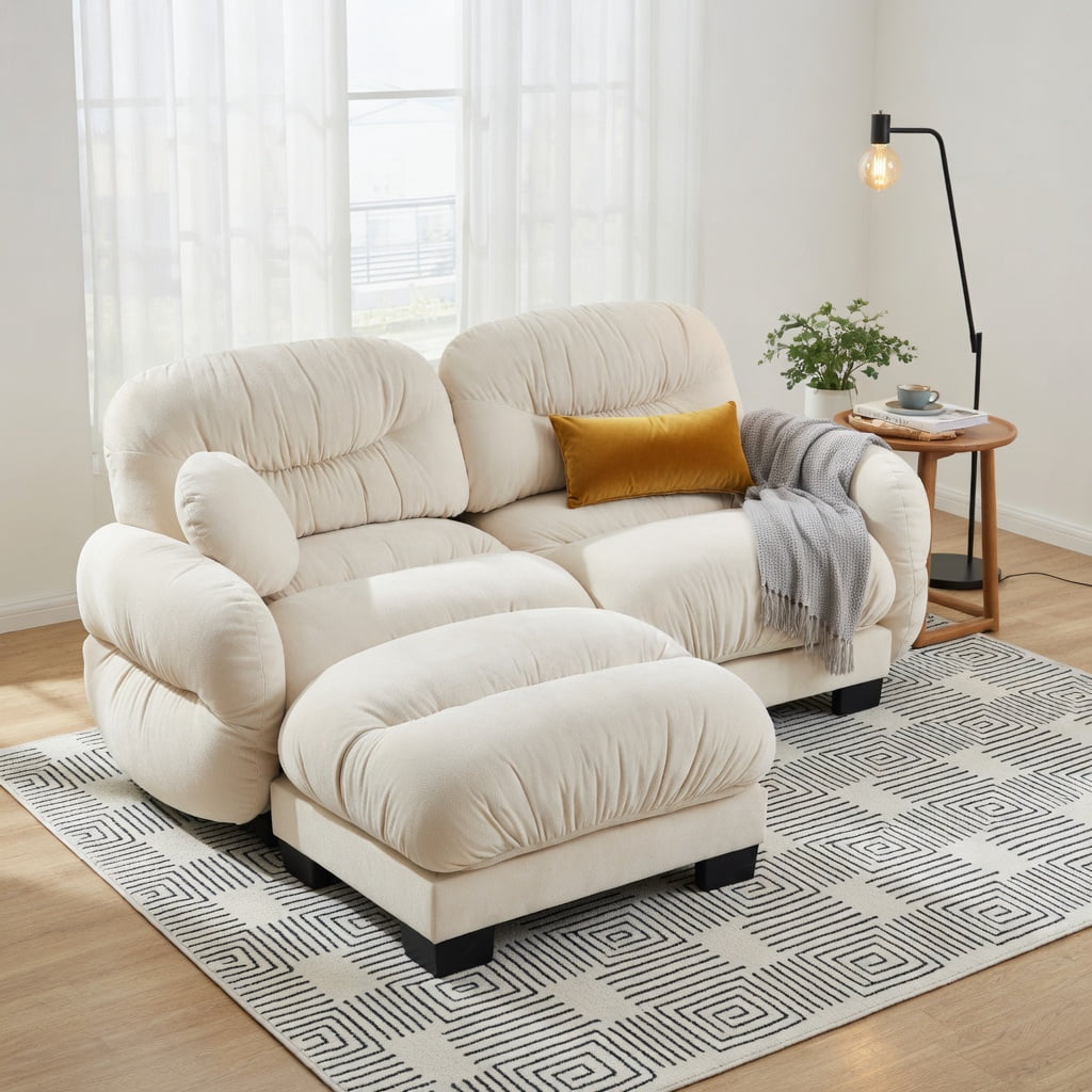 Hommoo Chenille 2-Seater L-Shaped Modular Sectional Sofa with Ottoman, Ergonomic High-Density Foam Cushions, Curved Armrests & Pleated Back Design, Includes 2 Round Throw Pillows, Beige