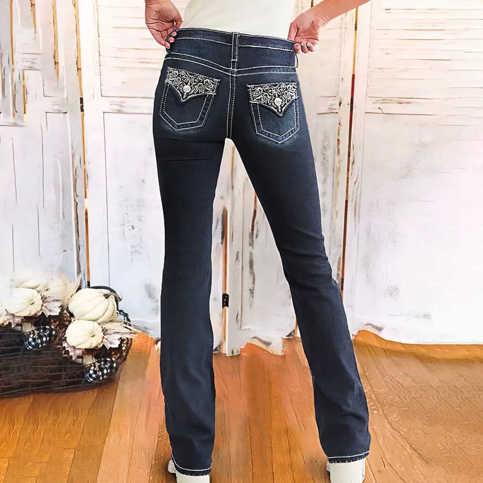 Baggy Jeans for Women Petite MIUOWANP Women's Embroidered Pocket Low Rise Skinny Denim Pants Blue L