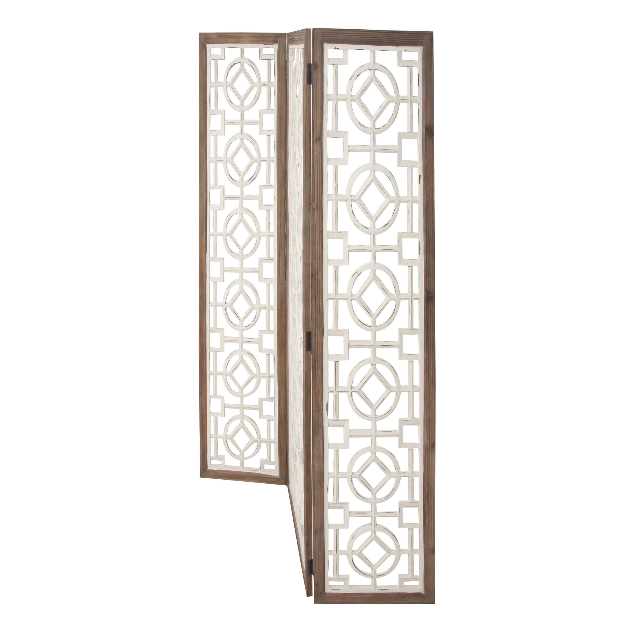 DecMode White/Pastel Brown Farmhouse Wood Room Divider Screen with Geometric Carvings, 54"W x 72"H