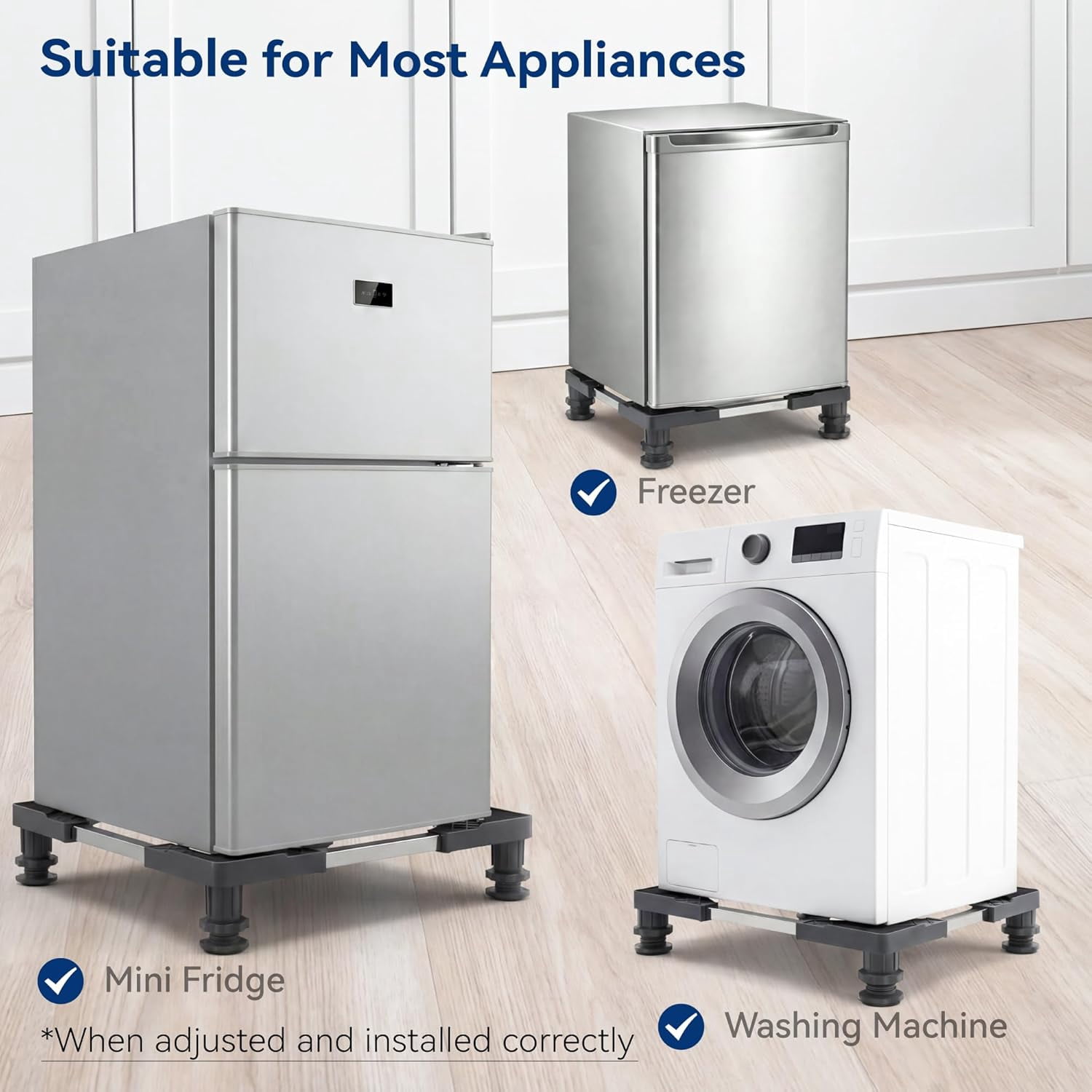 Adjustable Mini Fridge Stand, Portable Washer Stand Base with 4 Support Legs for Refrigerator, Dryer and Washing Machine, Gray