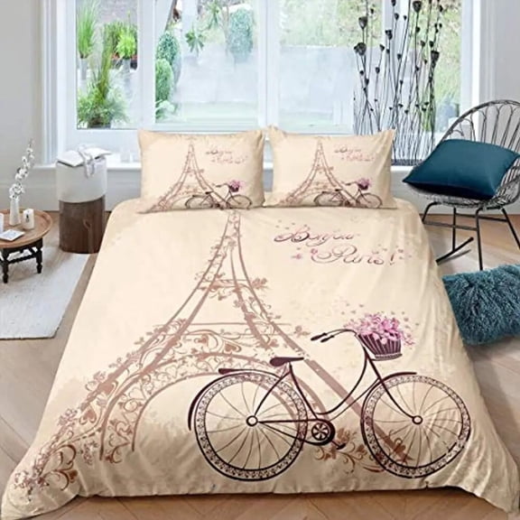 Pink Bicycle Duvet Cover for Women Twin Full King Size Roses Flower Bedding Set Bike Floral Green Leaves Comforter Cover