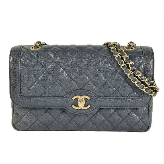 Pre-Owned CHANEL Matelasse Double Chain Shoulder Bag Caviar Skin Blue Coco Mark Grey... (Good)