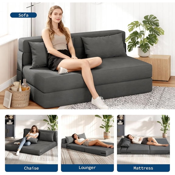 Space-Saving 4-in-1 Folding Sofa Chair Bed, Convertible Sleeper Loveseat with Pillow, Tufted Floor Lounge Couch, Dark Gray