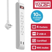 Hyper Tough Surge Protector Power Strip with USB, 4 Outlets, 10 ft Braided Extension Cord, White