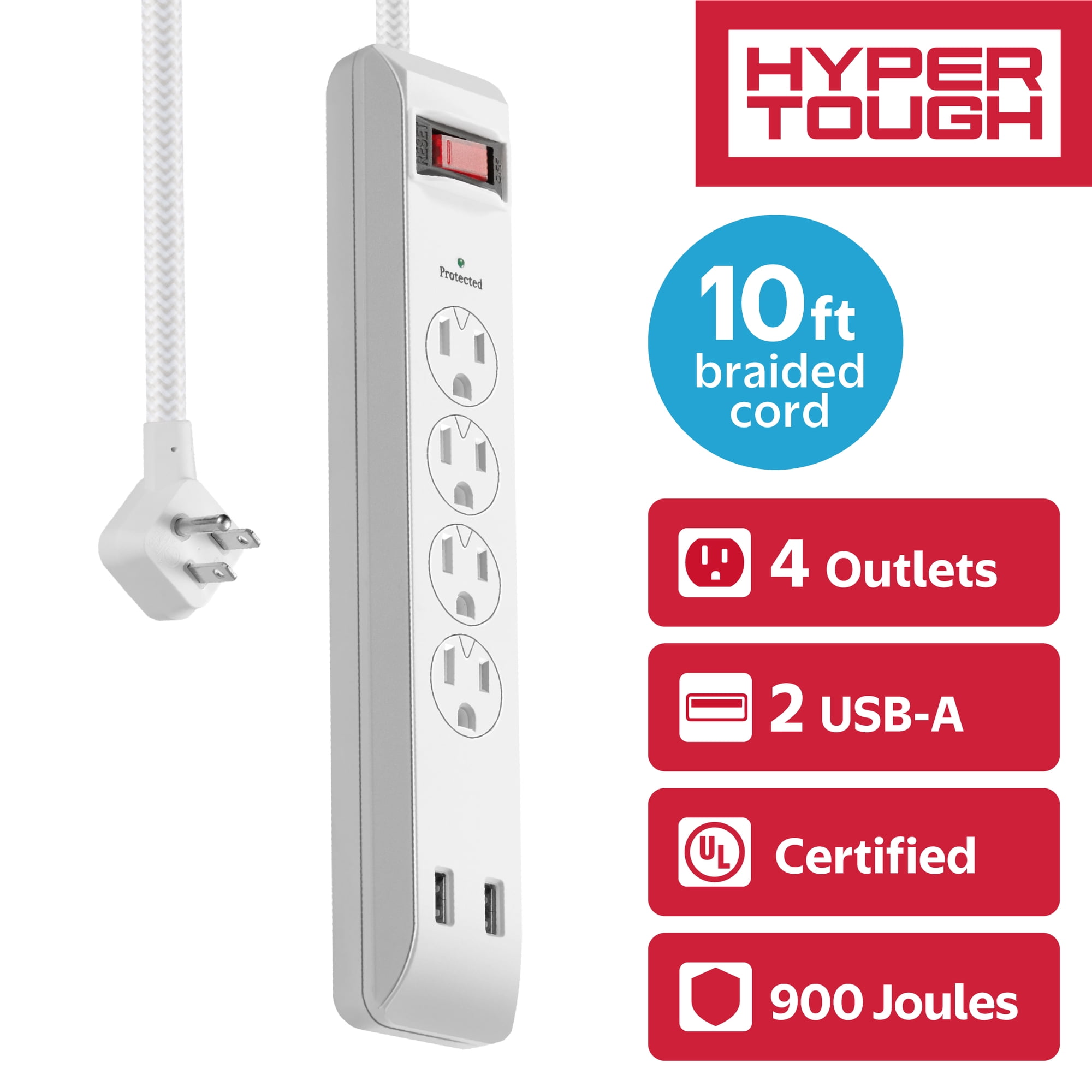 Hyper Tough Surge Protector Power Strip with USB, 4 Outlets, 10 ft Braided Extension Cord, White
