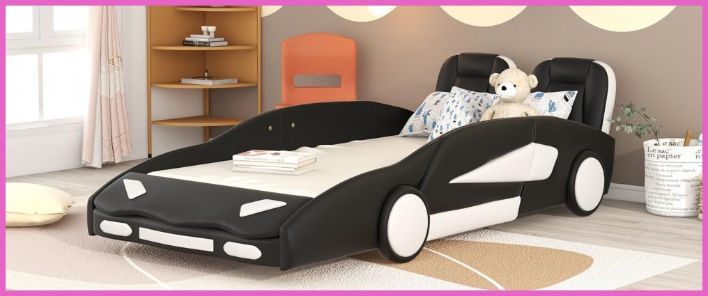 Twin Size Pine Wood Platform Bed Frame, Race Car Design with Wheels, No Box Spring Needed, Black