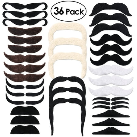 PBPBOX 36 PCS Self Adhesive Fake Mustaches Novelty Costume Party Disguise Props(12 Styles- 3 PCS for Each Style)