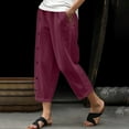 thumbnail image 5 of Fashion Olyvenn Women's Linen Capri Pants with Pockets Petite Summer Beachwear Lightweight Elastic Waist Boho Vacation Travel Pants Wine XXL, 5 of 6