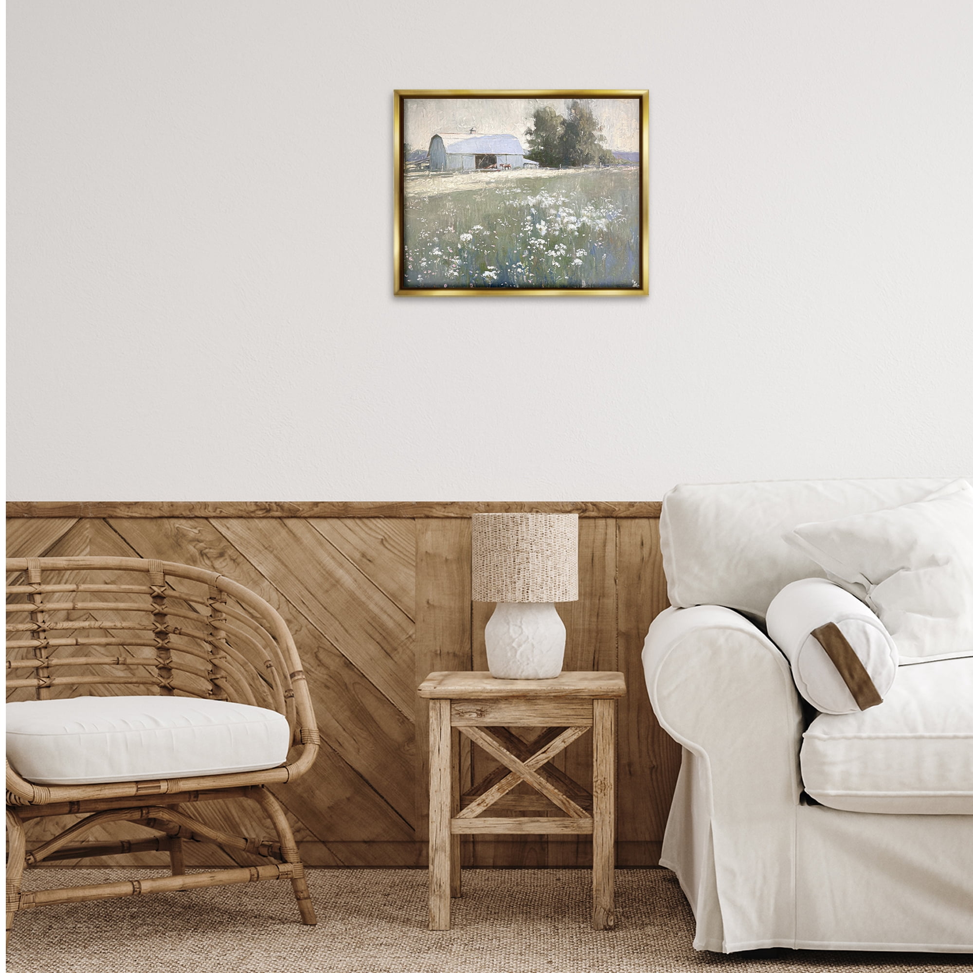 Stupell Industries Peaceful Farm Pasture Landscape Painting Gold Floater Framed Canvas Art Print Wall Art, 21 x 17