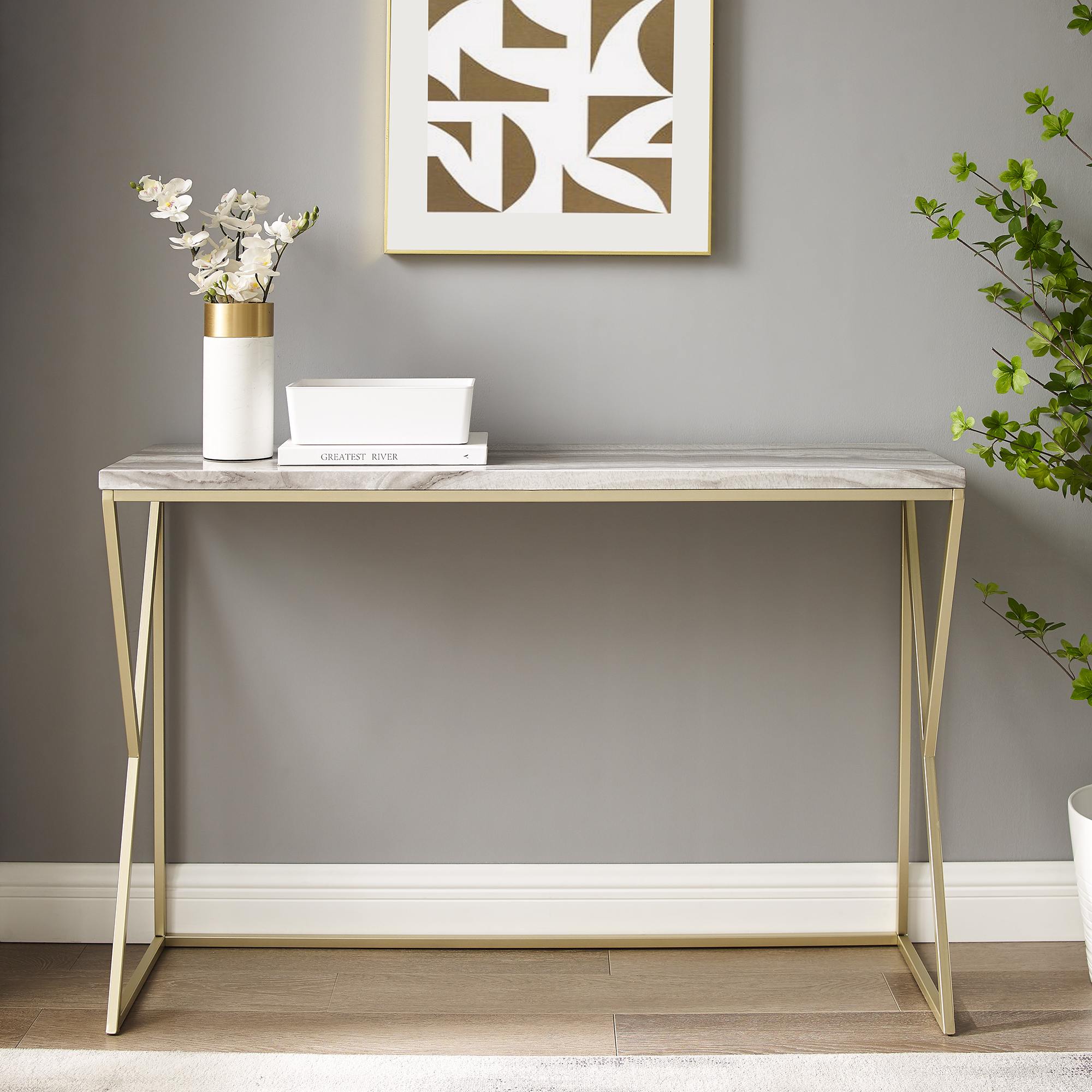 Manor Park Glam Modern Open Entryway Table, Faux Grey Vein Marble