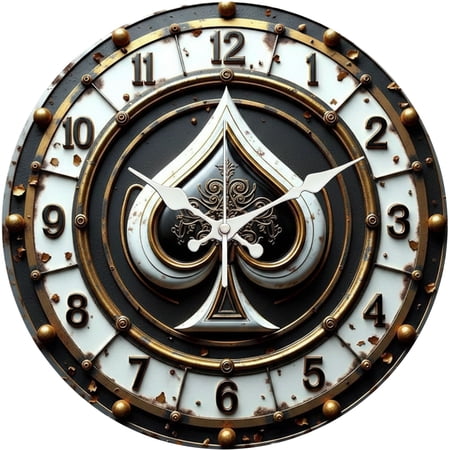 Hoease 10 Inch Silent Wall Clock, Ace of Spades Vintage Rusty Decorative Wall Clock, Battery Operated Non-Ticking Round Clock for Living Room Bedroom Game Room Home Decor