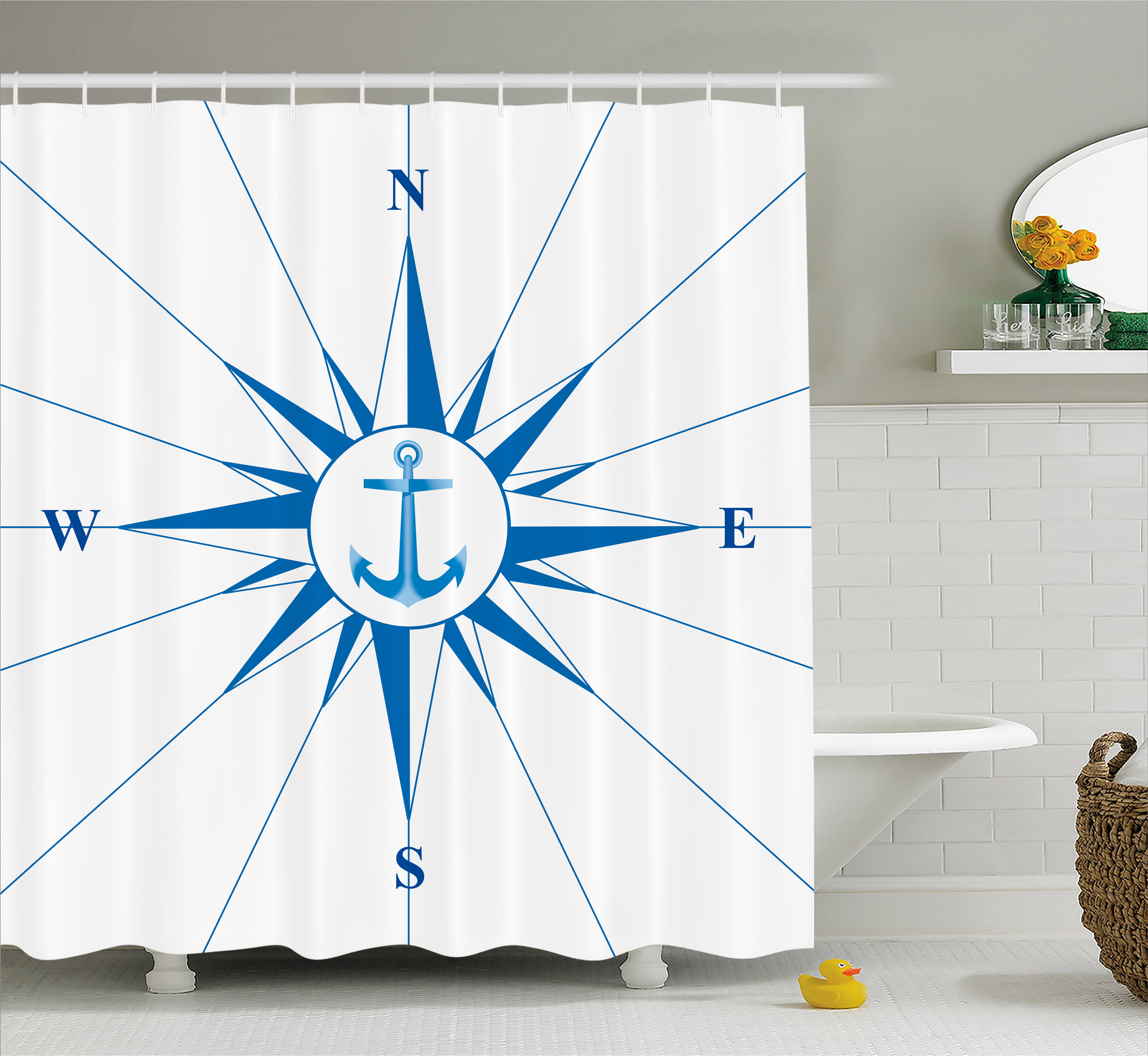 Compass Shower Curtain, Royal Blue Windrose with an Anchor in the