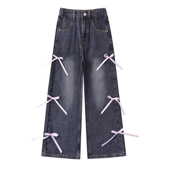Tiijoy Big Girls Bow Straight Leg Jeans Casual Loose Mid Rise Denim Pants, Sizes 10-11