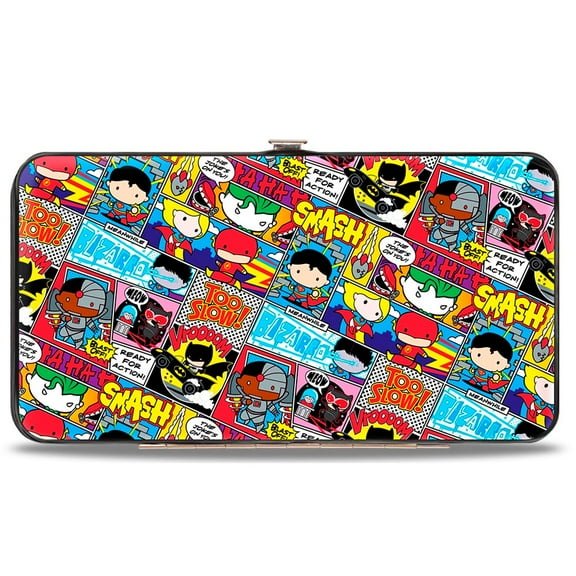 DC Comics Wallet, Hinged, Justice League Chibi Character Action Pose Comic Blocks, Vegan Leather