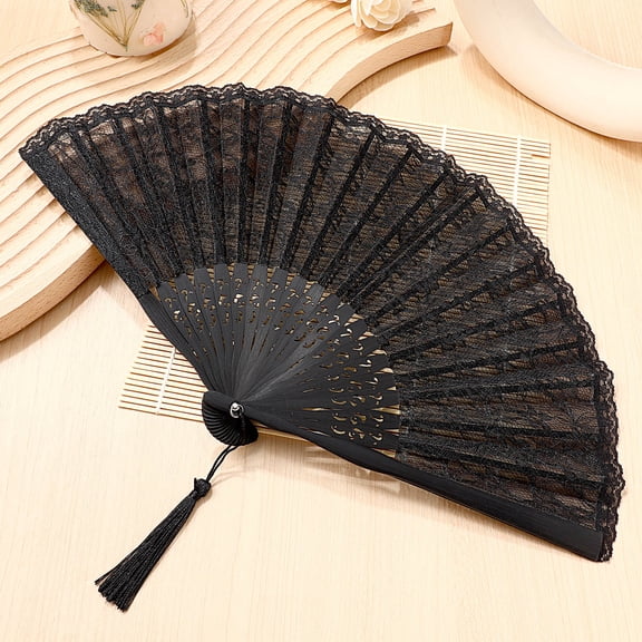 FELTECHELECTR Black Silk Folding Fan with Lace Design for Summer Events and Classic Home Decoration