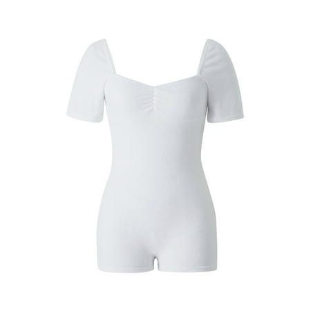 

Genuiskids Sexy Backless Knit Romper Jumpsuit for Women Hollow Out One Piece Cutout Slim Fit Bodycon Playsuit Short Sleeve Yoga Bodysuit Overalls