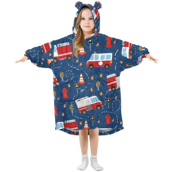 joogoo Wearable Blanket Hoodie for Fire Trucks Cartoon Oversized Sherpa Hooded 3-14 YR M
