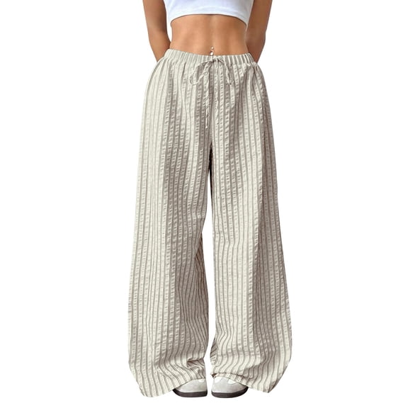 Womens Striped Gingham Pajama Pants Drawstring Wide Leg Lounge Plaid Pants Cute Casual Palazzo Trousers