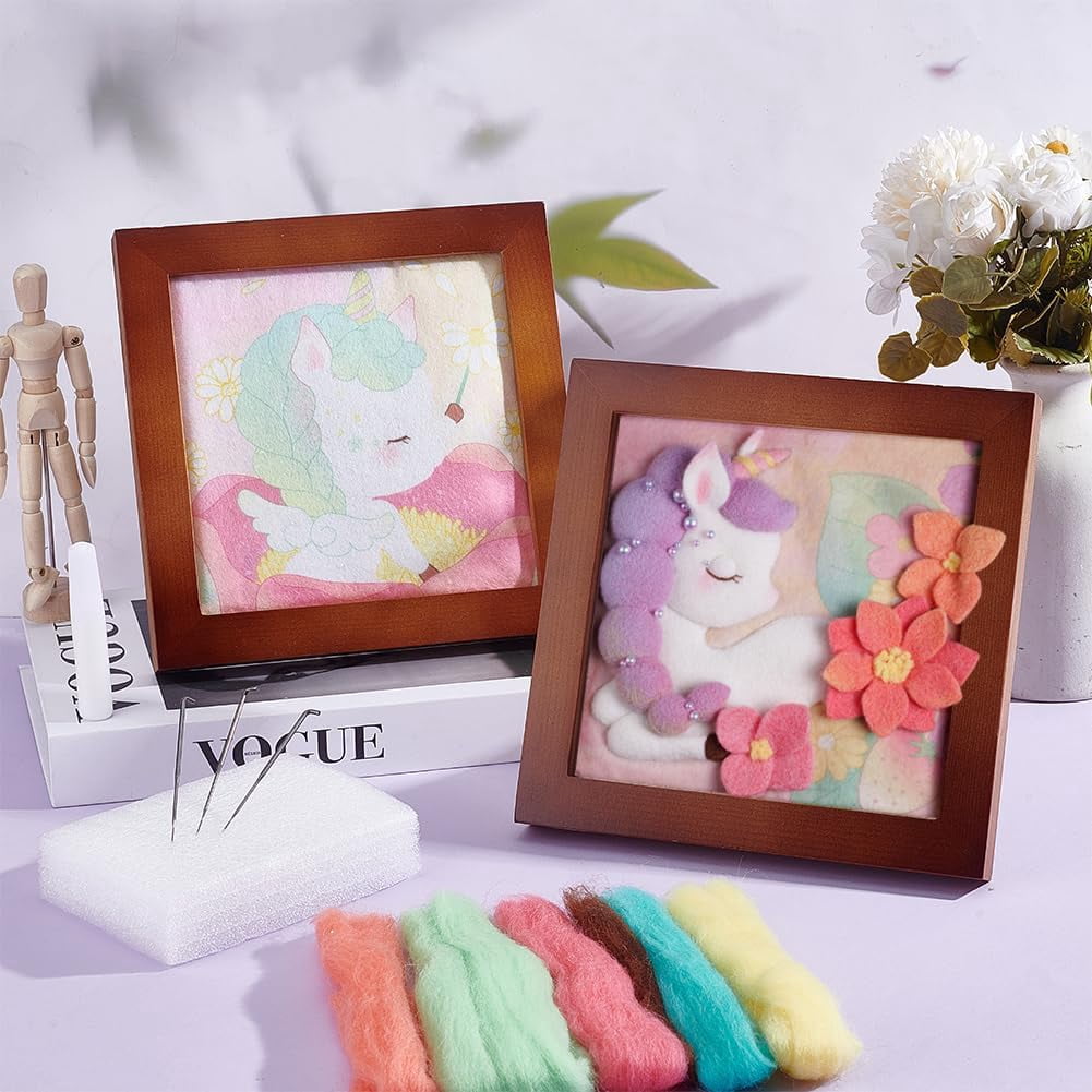 2 Sets 2 Style Unicorn Pattern Photo Frame Needle Felting Kits for Beginners Mixed Color 183x183x20mm 1 set/style