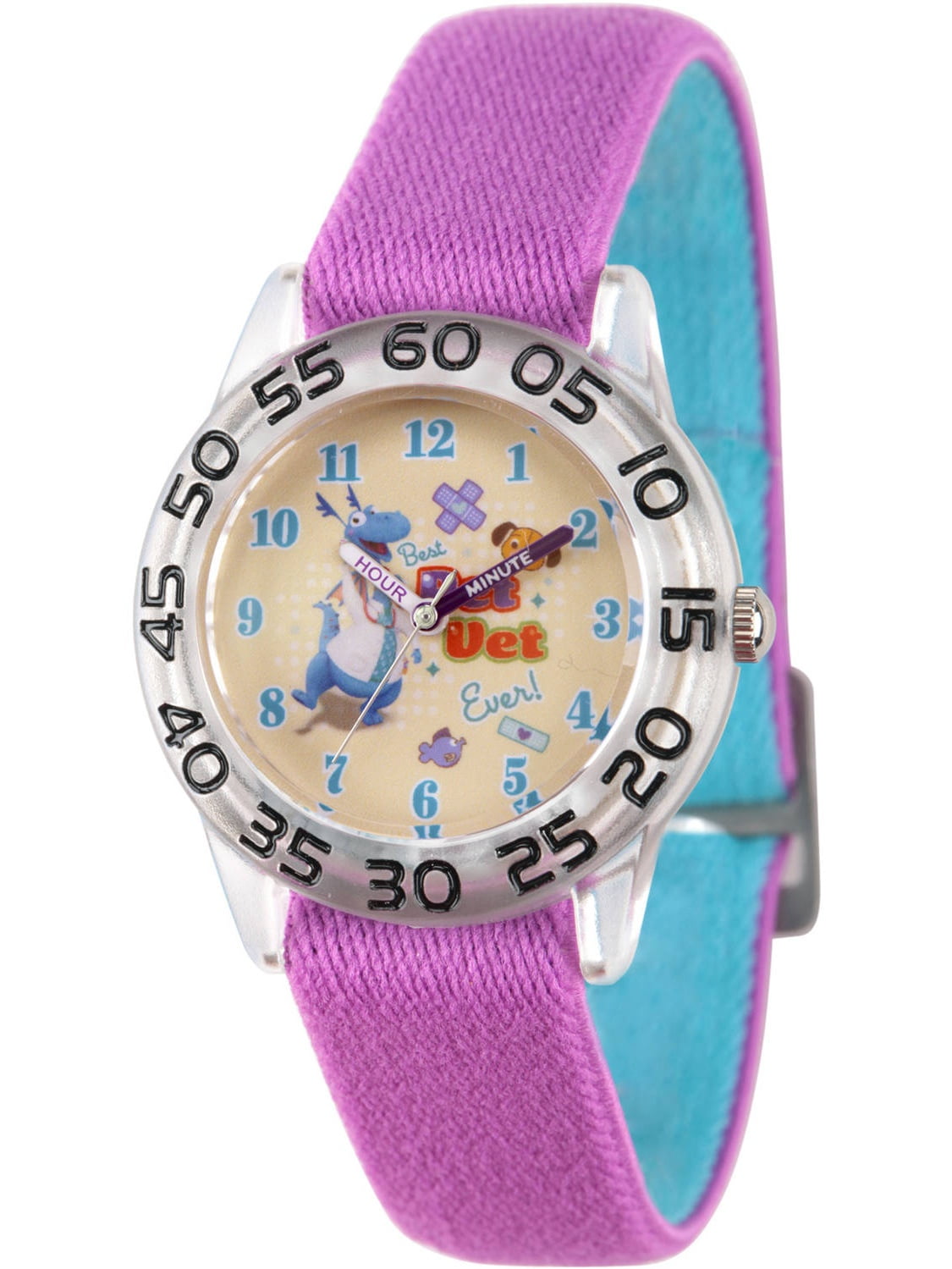 Doc Mcstuffins Stuffy Girls' Stainless Steel Time Teacher Watch, Reversible Purple and Blue Nylon Strap