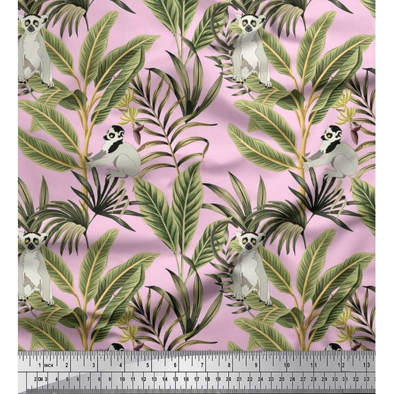Soimoi Rayon Fabric Leaves & Lemur Animal Print Fabric by The Yard 42 Inch Wide