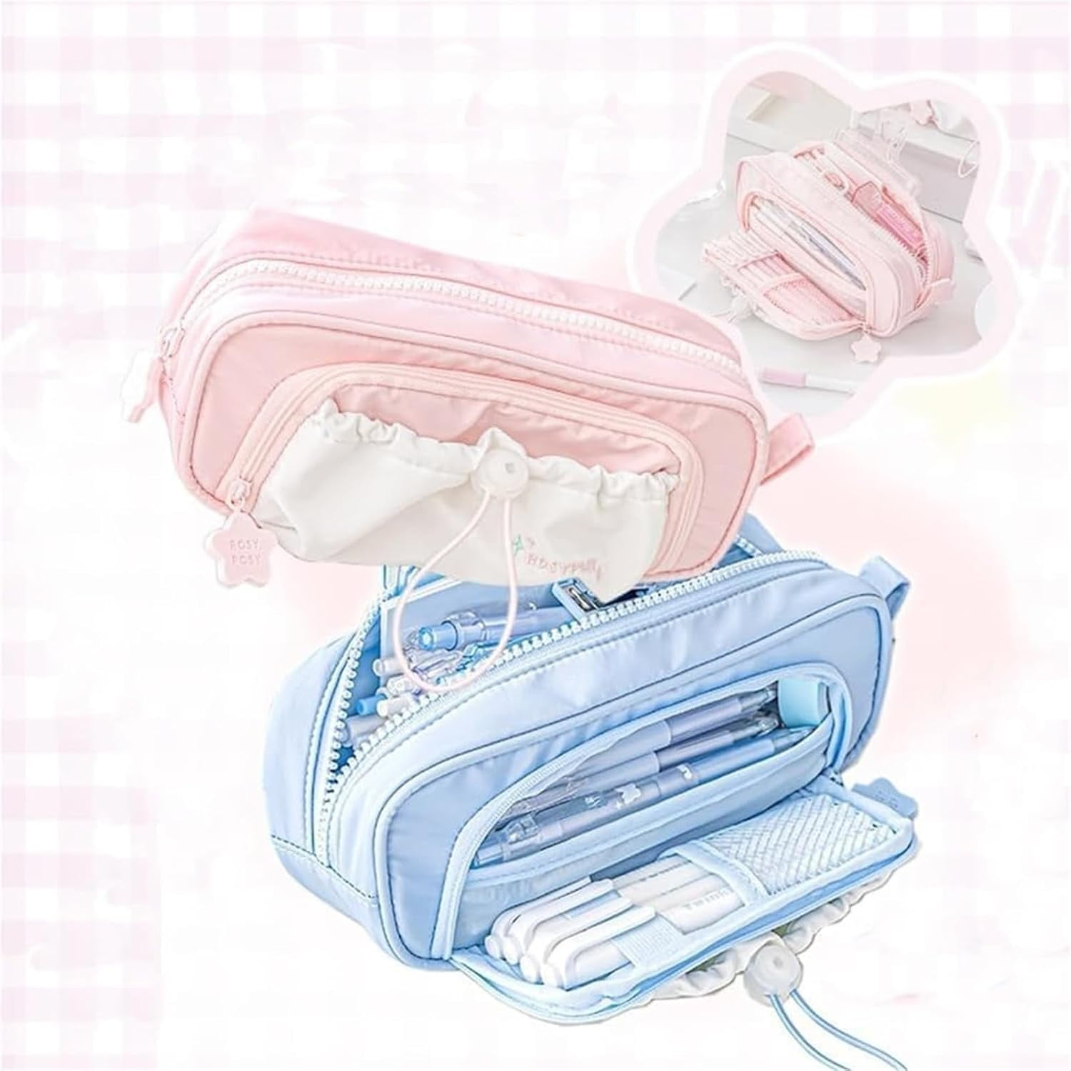 Rosy Posy Pencil Case,Large Capacity Drawstring Multi-Pocket Design, Waterproof, Soft,Simplicity Solid Color Kawaii Pencil Bag High Capacity Stationery Storage Bag Student