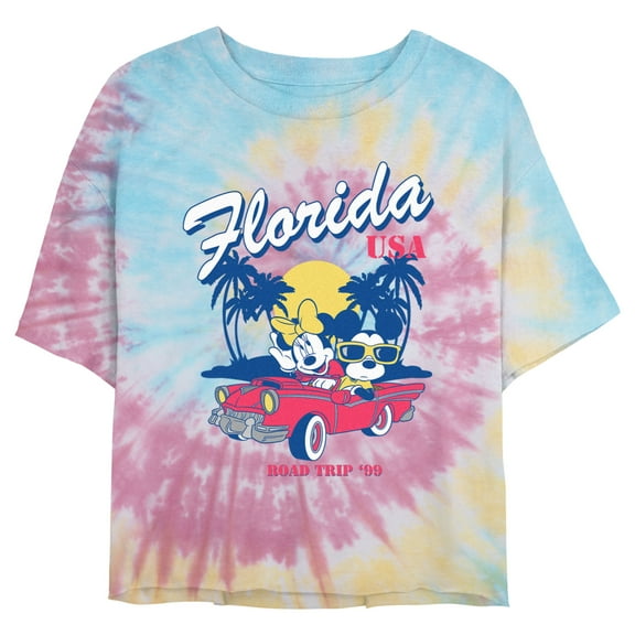 Juniors' Mickey & Friends Retro Florida Road Trip Graphic Cropped T-Shirt Blue/Pink/Light Yellow Large