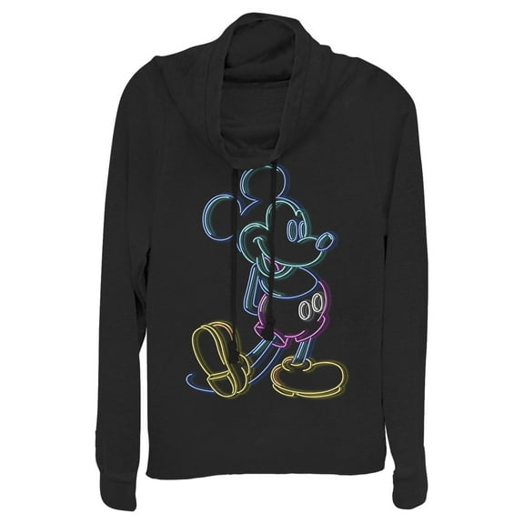 Junior's Mickey & Friends Bright Neon Mickey Mouse Outline Cowl Neck Sweatshirt Black Small
