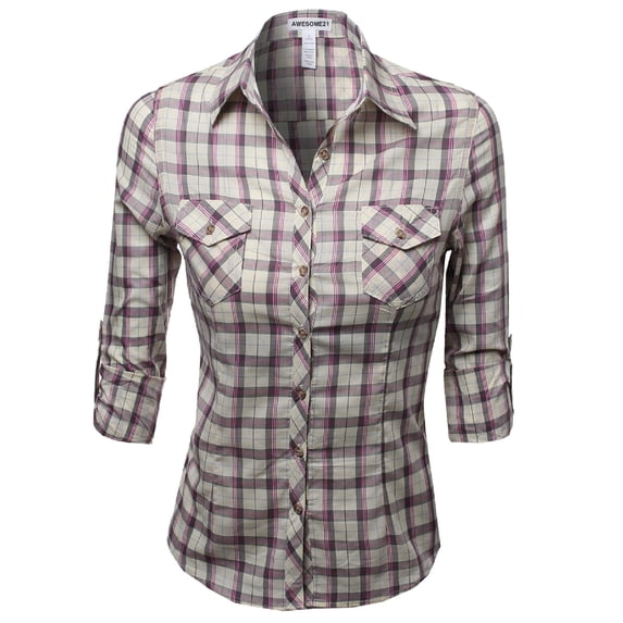 FashionOutfit Women's Slim Fit Line Twill Plaid Checker Rolled Up Blouse Top