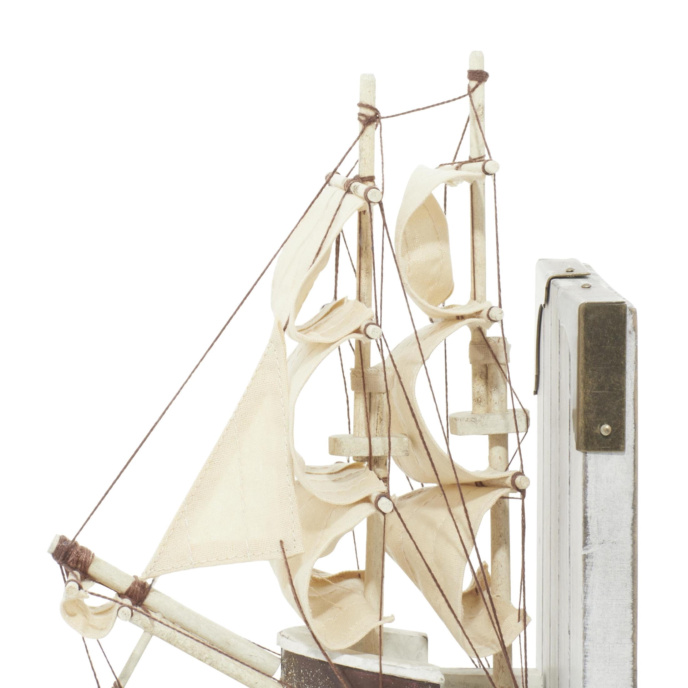 DecMode 6" Sail Boat White Wood Bookends with Real Boat Rigging and Gold Corners (Set of 2)
