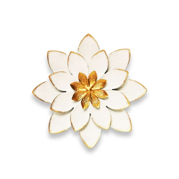 G128 9 IN White and Gold Flower Metal Wall Art Decor | Elegant Floral Wall Hanging Decor for Indoor Living Room Bedroom Office Outdoor Garden Patio Yard