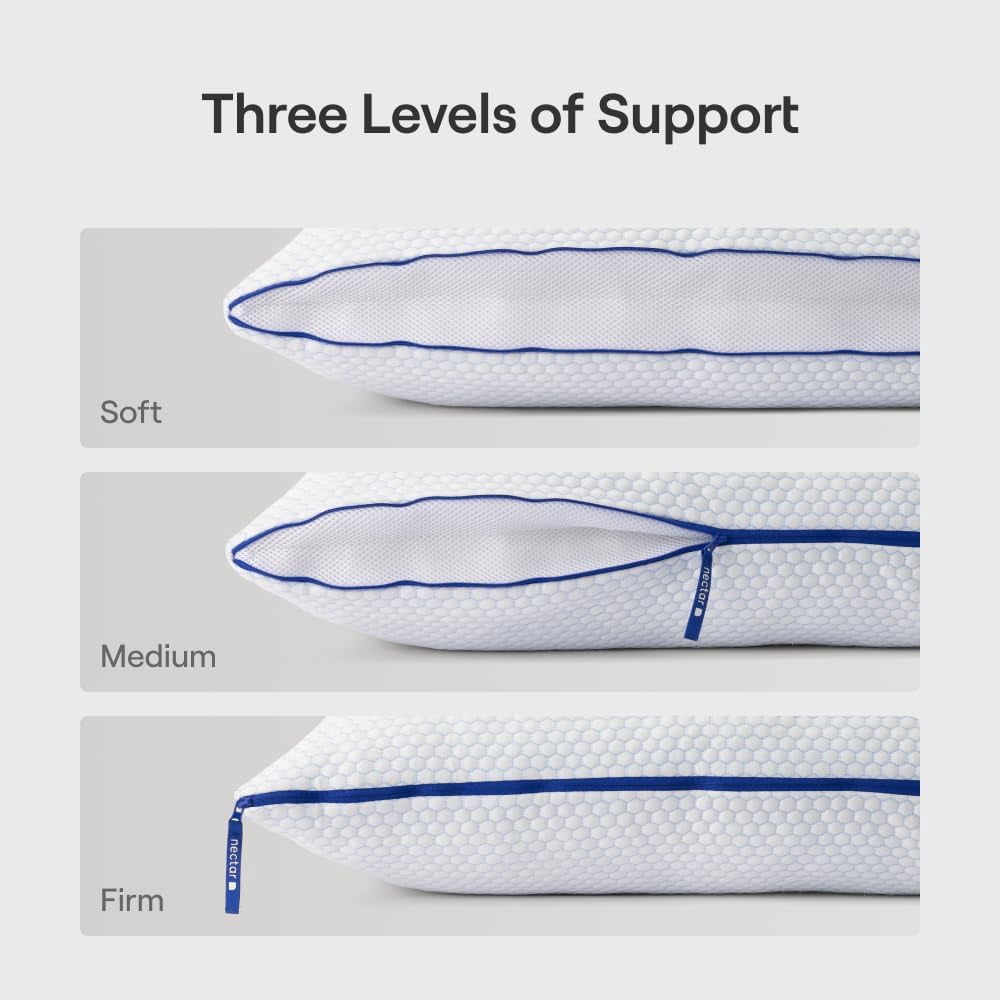 Nectar Tri-Comfort Cooling Pillow - Adjustable Support & Firmness - Cooling Cover - Pressure Relief - Helps Reduce Neck Pain - Premium Memory Foam & Microfiber Down Alternative