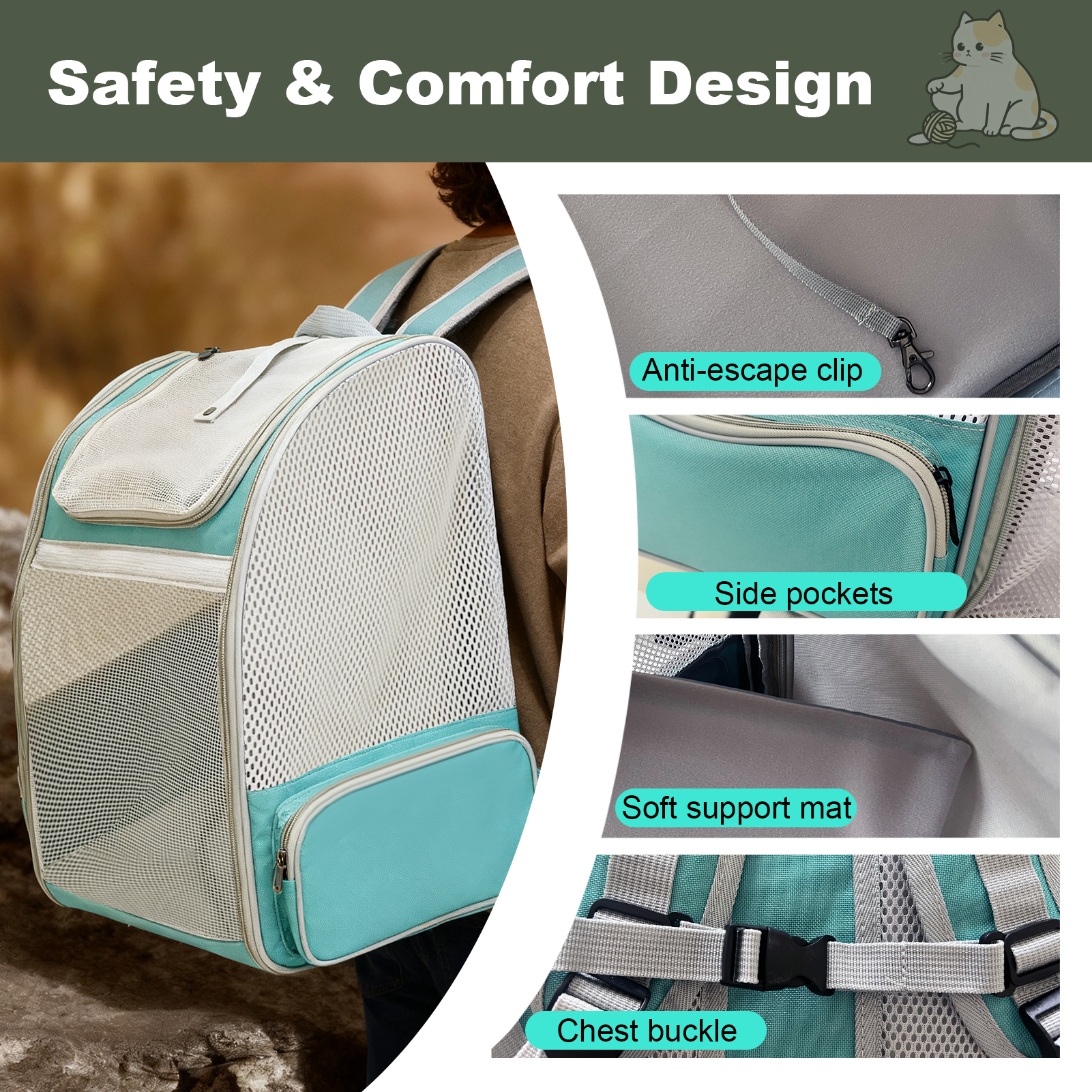 Full Vented Cat Backpack Carrier, Back Expandable Backpack for Large Cat and Small Dog up to 16 Pounds, Airline Approved Kitten Carrying Bag for Traveling and Hiking