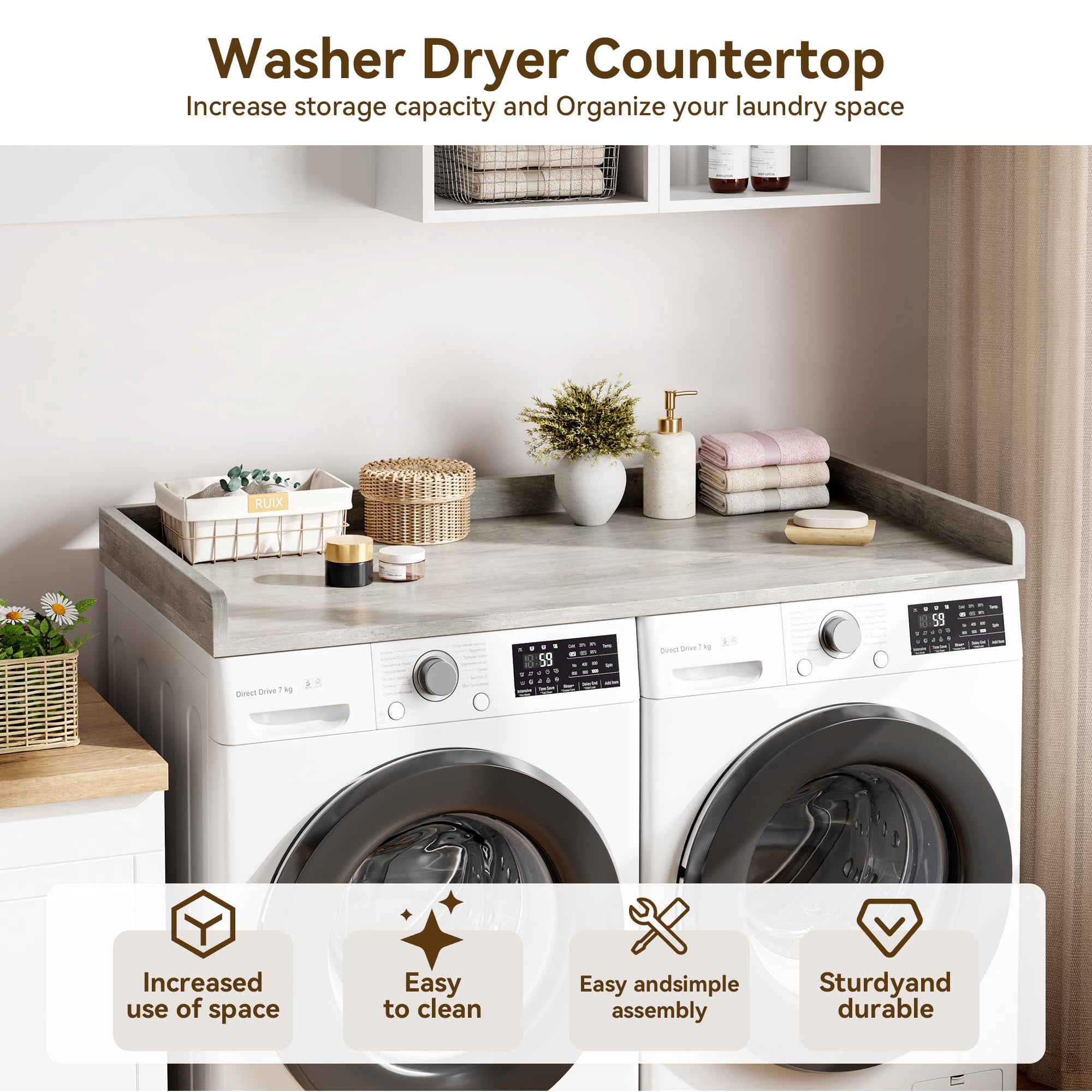 PYY Washer Dryer Countertop, 54.3" x 27.6" Wooden Laundry Countertop with Edge Rails, Washer and Dryer Topper for Laundry Room and Home Office Organization and Storage, Gray